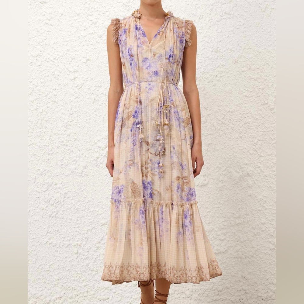 Zimmermann Floral Midi Dress in Cream and Purple